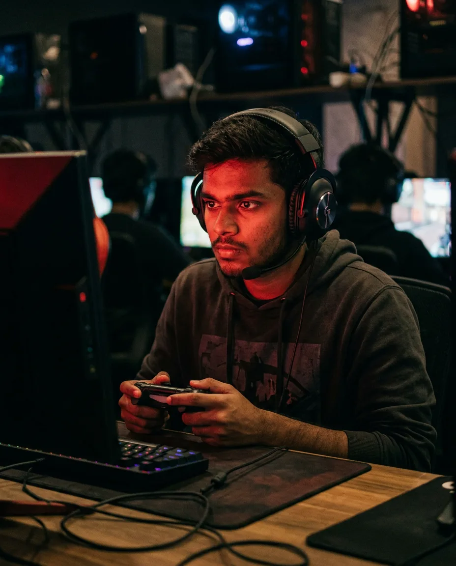 Gamers locked in mid-session at a gaming café
