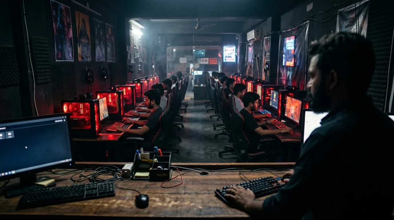 View from a gaming café counter across glowing rigs