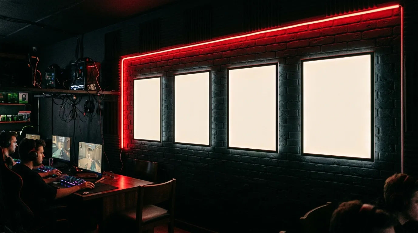 National brand posters on a gaming café wall