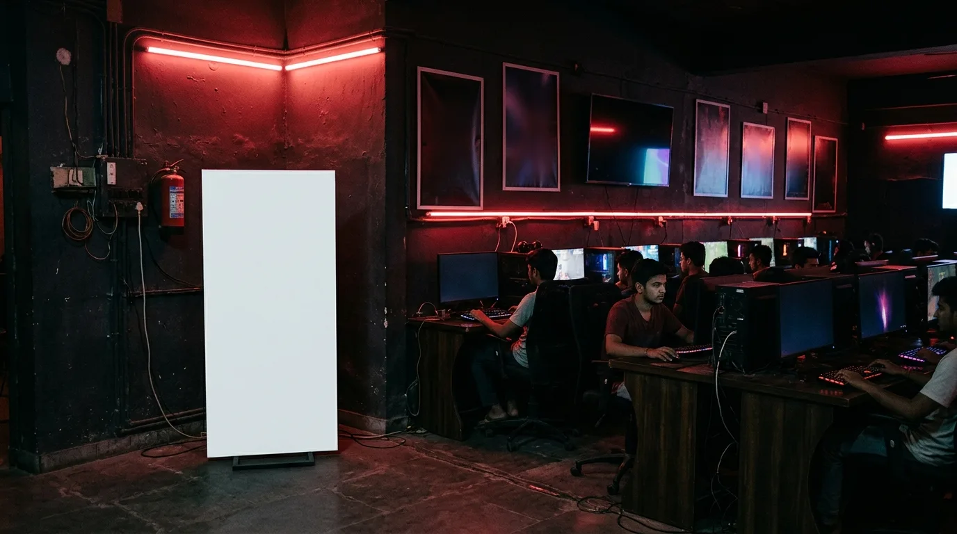 Branded standee at a gaming café entrance